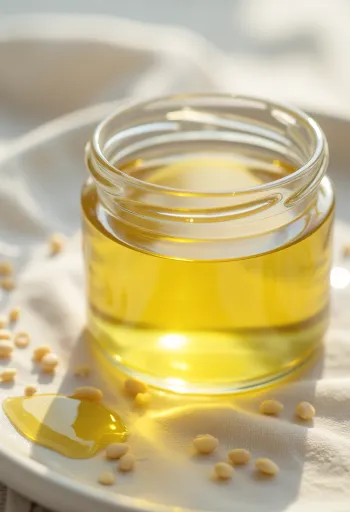 Aceite de ajonjolí blanco en botella y tazón, con semillas de sésamo al lado