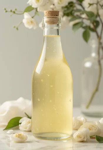 Vinagre de vino blanco en tazón de vidrio, con uvas blancas, mosto y botella con madre de vinagre