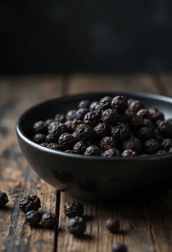 Granos de pimienta negra entera en tazón de madera y esparcidos