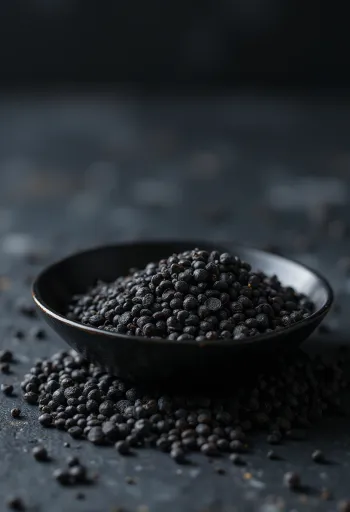 Semilla de mostaza negra entera en superficie de madera y tazón pequeño