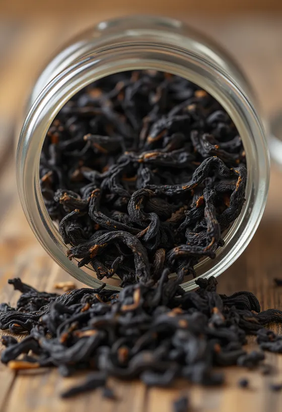 Té negro en hebras como ingrediente de cocina, con cuchara y tazón