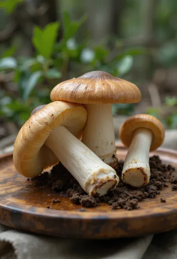 Hongo Matsutake rebanado y limpio sobre tabla de madera