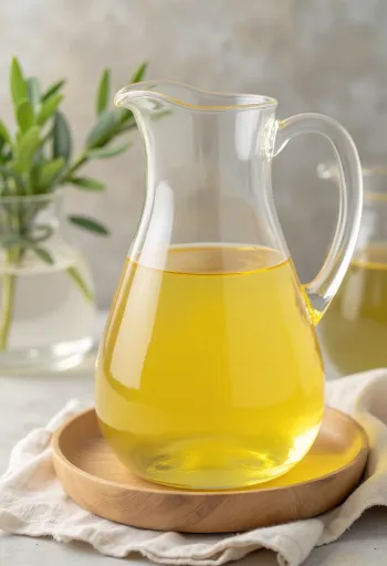 Aceite de palma refinado en tazón con fruto de palma al fondo