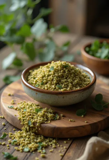 Granos de freekeh tostado y plato cocido sobre superficie de madera