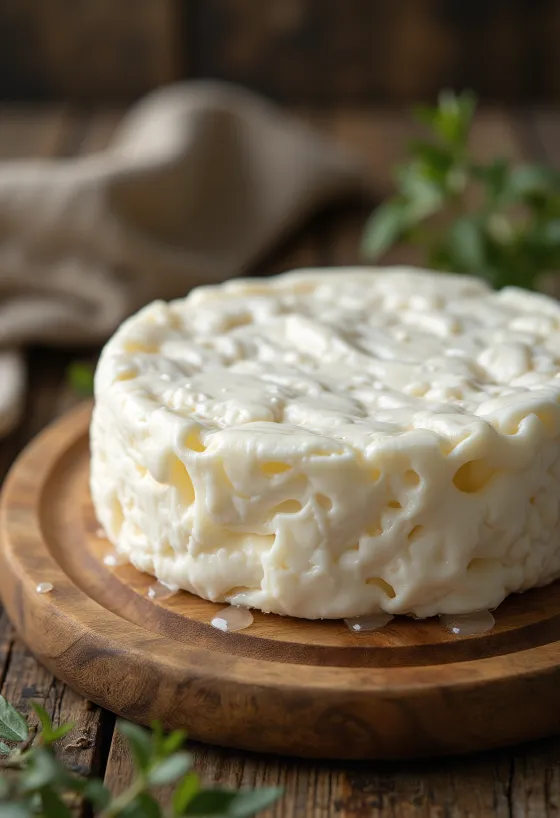 Queso Gomolya fresco en tazón de cerámica sobre mesa rústica