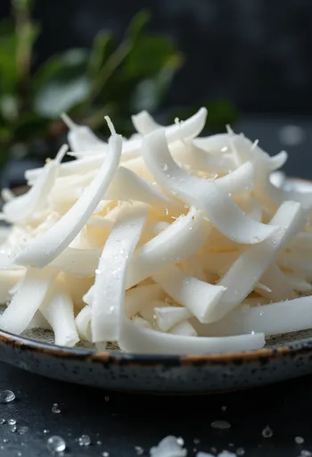 Chips de coco fresco, láminas naturales de pulpa blanca