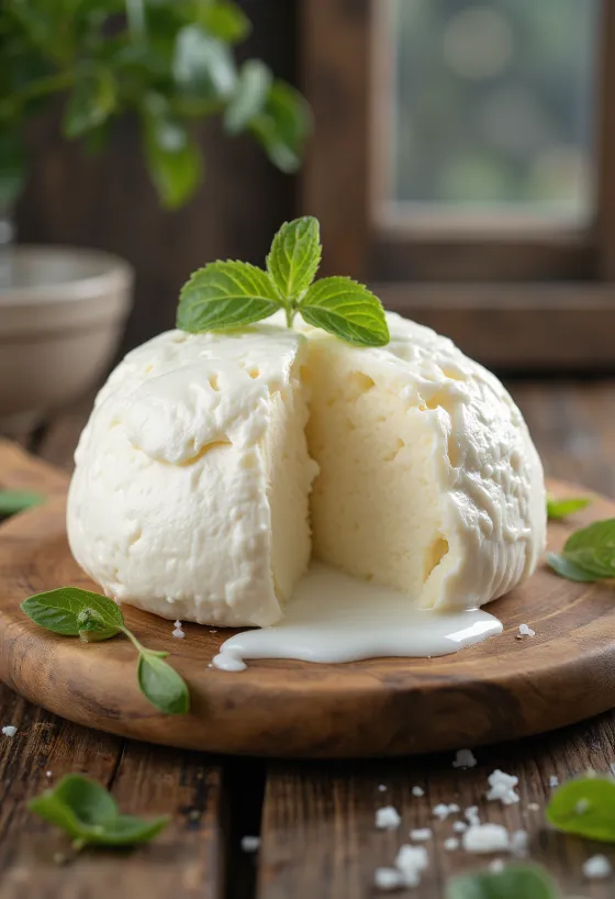 Queso mozzarella fresco de leche de vaca en tazón de cerámica blanca sobre mesa de madera