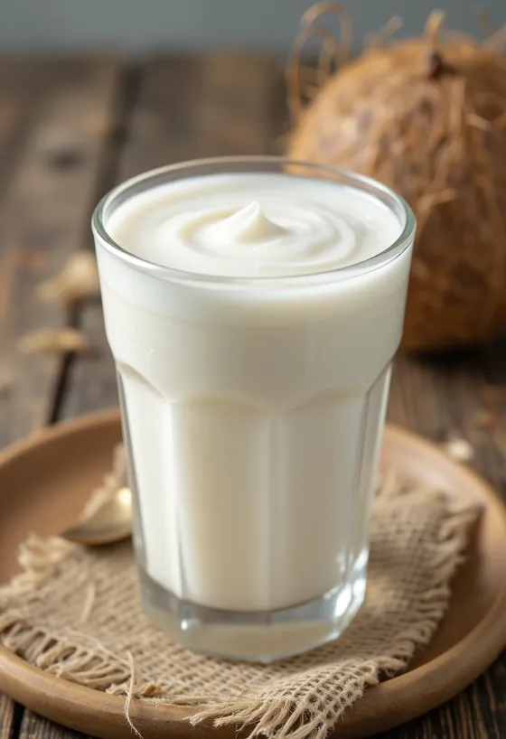 Leche de coco fresca en tazón de vidrio, color blanco cremoso