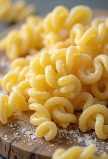 Pasta fusilli seca en forma de espiral sobre superficie de madera