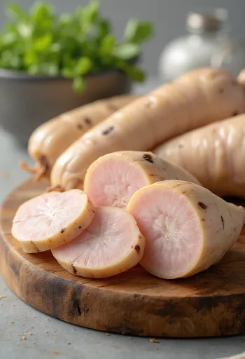 Raíz de galanga fresca rebanada en tazón sobre mesa de madera