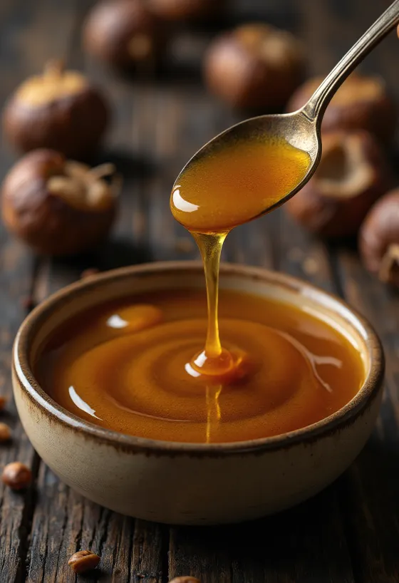 Miel de castaño oscura en frasco, con cuchara mielera y flores