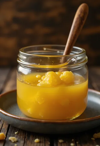 Ghee dorado en frasco de vidrio con cuchara de madera