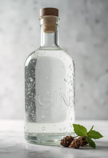 Botella de ginebra y copa con hielo, rodeada de bayas de enebro y especias