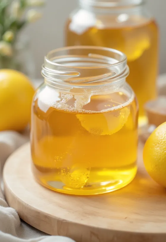 Jarabe de glucosa en frasco pequeño y escurriendo de una cuchara