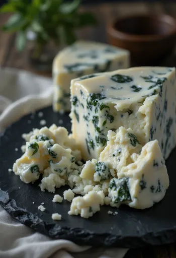 Queso Gorgonzola fresco con vetas azules en tazón