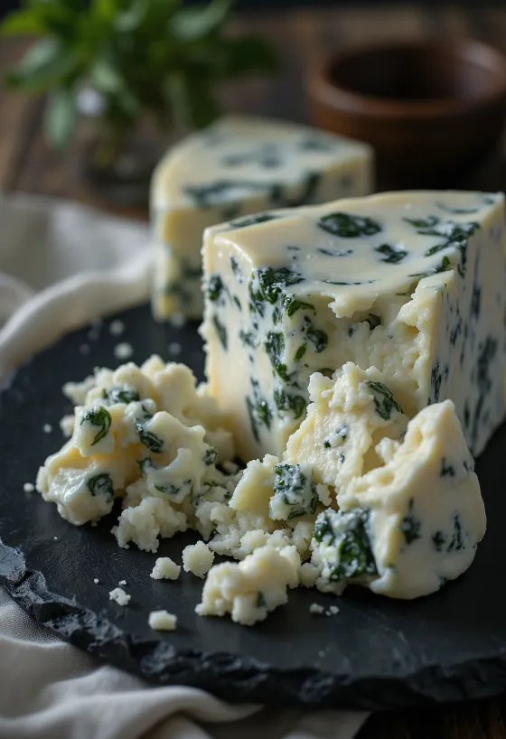 Queso Gorgonzola fresco con vetas azules en tazón
