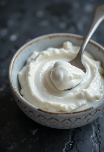 Yogurt griego espeso en tazón de cerámica con cuchara