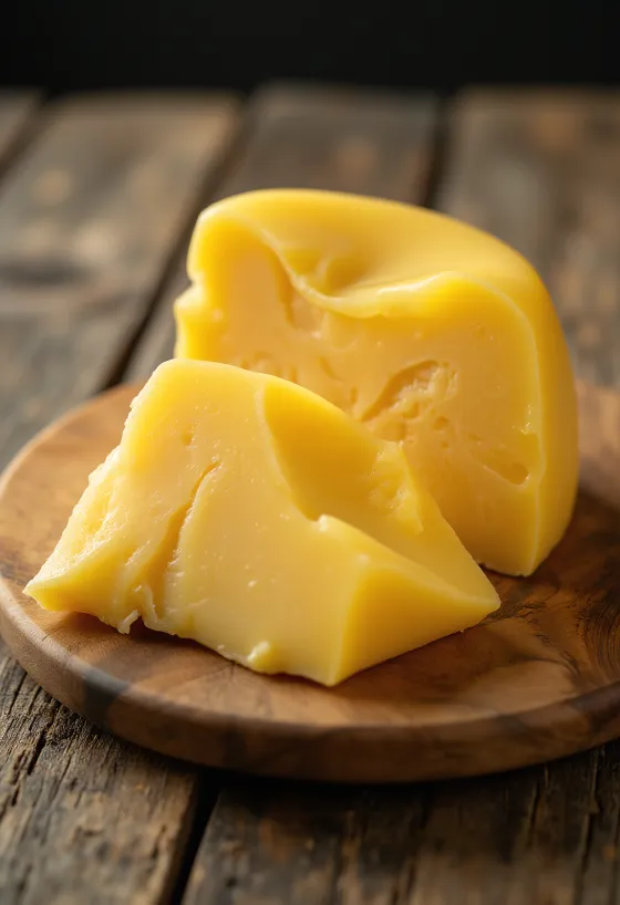 Queso Gouda fresco en trozos en tazón de cerámica