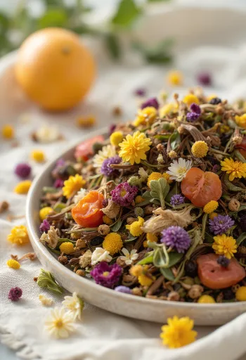 Mezcla de hierbas secas para infusión en tazón y esparcidas con cuchara