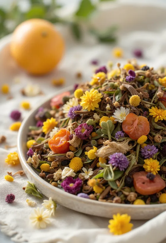 Mezcla de hierbas secas para infusión en tazón y esparcidas con cuchara