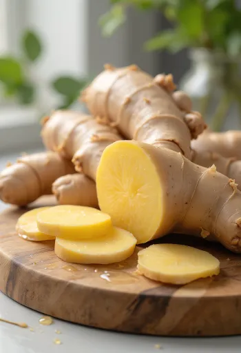 Raíz de jengibre fresca entera y rebanada con ralladura en tazón de madera
