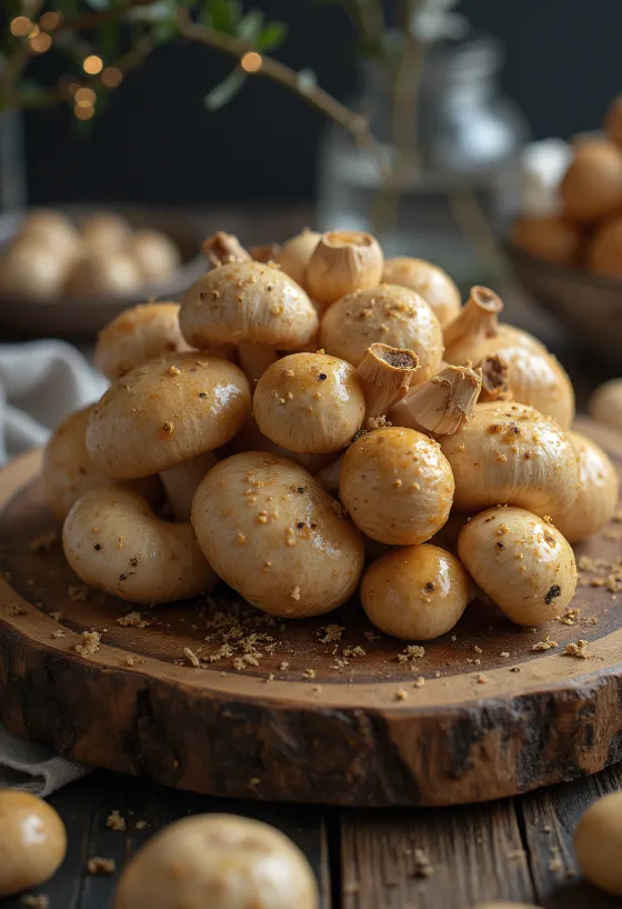 Armillaria o hongo de miel limpio y rebanado sobre tabla