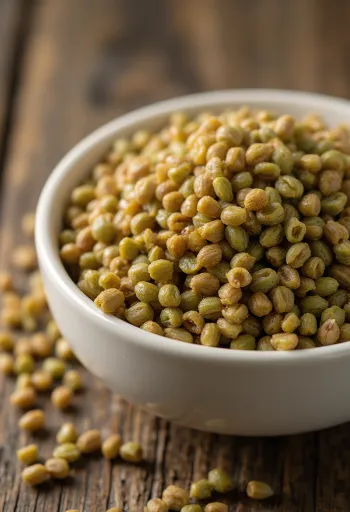 Granos de trigo sarraceno crudo en tazón de cerámica, esparcidos sobre madera