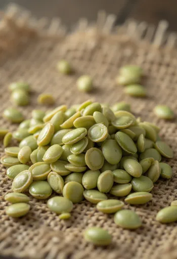 Corazones de cáñamo (semillas peladas) en primer plano, superficie clara