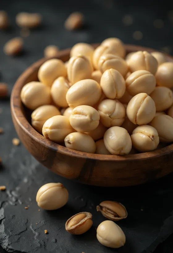 Nueces de macadamia peladas en montículo, esferas color crema