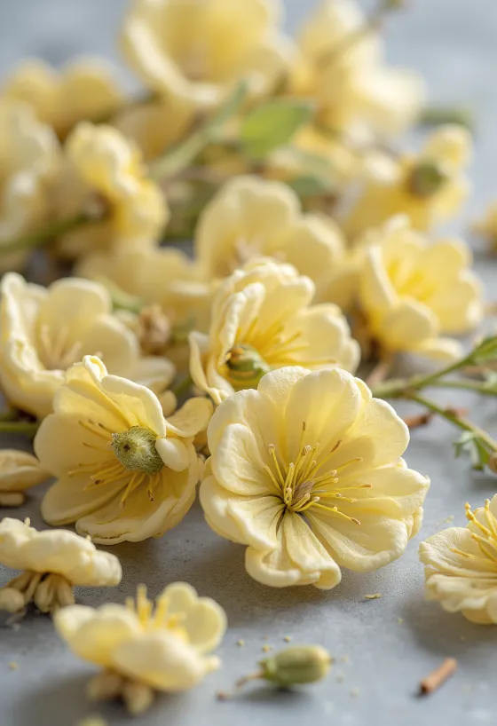 Flores de tila secas en tazón con cuchara sobre mesa rústica