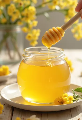 Miel de tilo en frasco, con cuchara mielera y flores de tilo