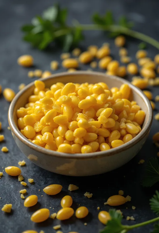 Granos de mijo común secos, mostrando textura detallada y color dorado.