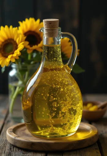 Aceite de girasol prensado en frío en tazón de vidrio, con semillas y pétalo de girasol
