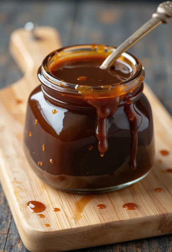 Salsa Hoisin oscura en tazón, rodeada de soya, ajo, anís estrella y especias