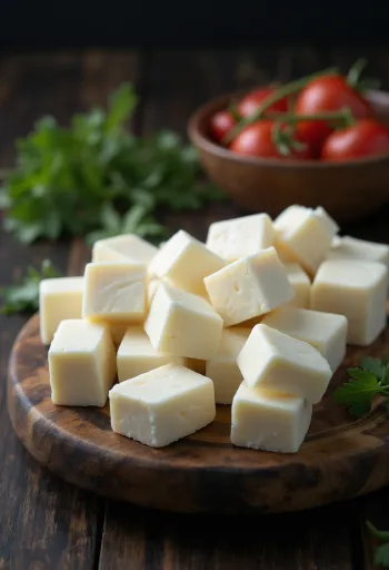 Cubos de Queso Paneer fresco en tazón sobre mesa
