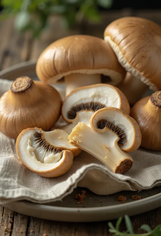 Porcini fresco rebanado con especias en tabla de madera