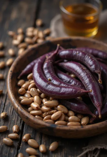 Semillas de frijol jacinto con su marca blanca característica