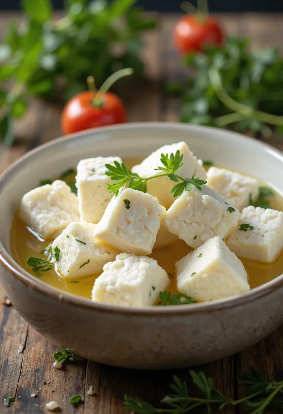 Queso Feta de oveja fresco en tazón de cerámica sobre mesa