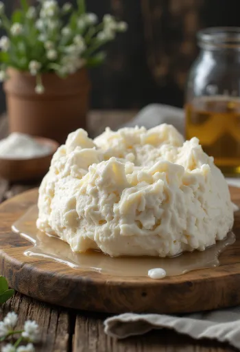 Queso fresco de oveja rebanado en tabla de madera