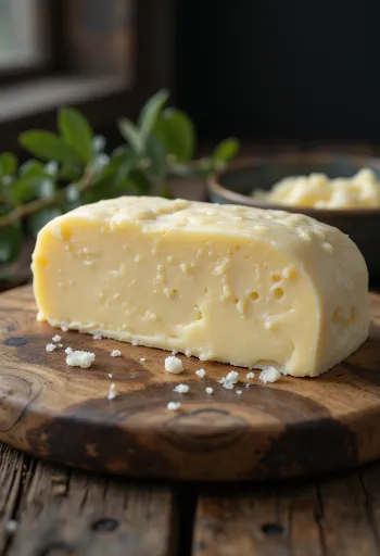 Mantequilla de oveja en tazón pequeño, textura cremosa, superficie de madera