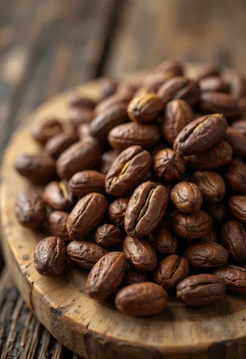 Granos de cacao fermentados y secos con nibs sobre superficie rústica