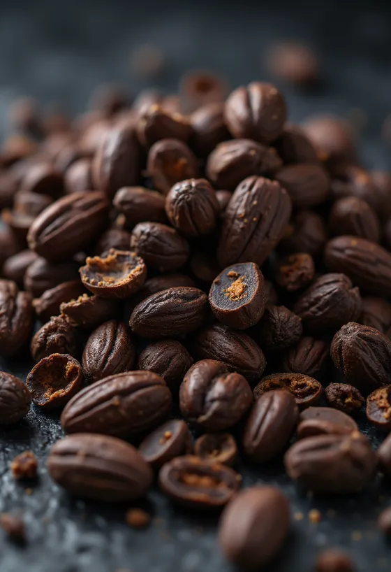 Nibs de cacao en tazón pequeño con trozos de cacao sobre madera