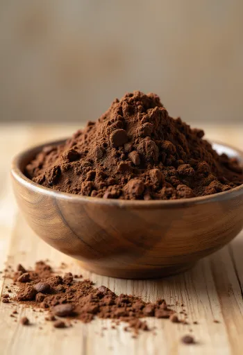 Cocoa en polvo en tazón y esparcida con cuchara de madera