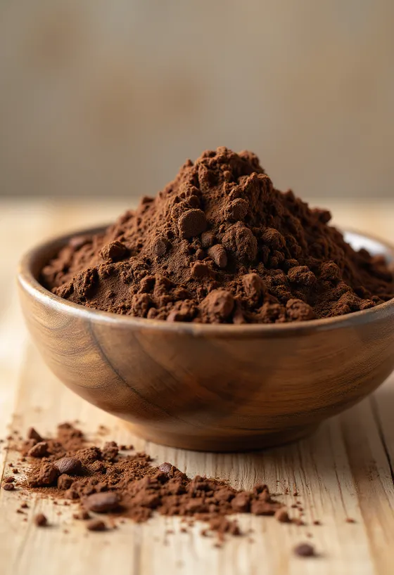 Cocoa en polvo en tazón y esparcida con cuchara de madera
