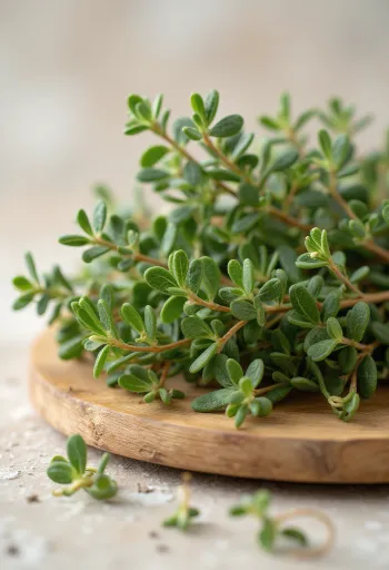 Hojas de tomillo seco y polvo de tomillo sobre superficie de cocina