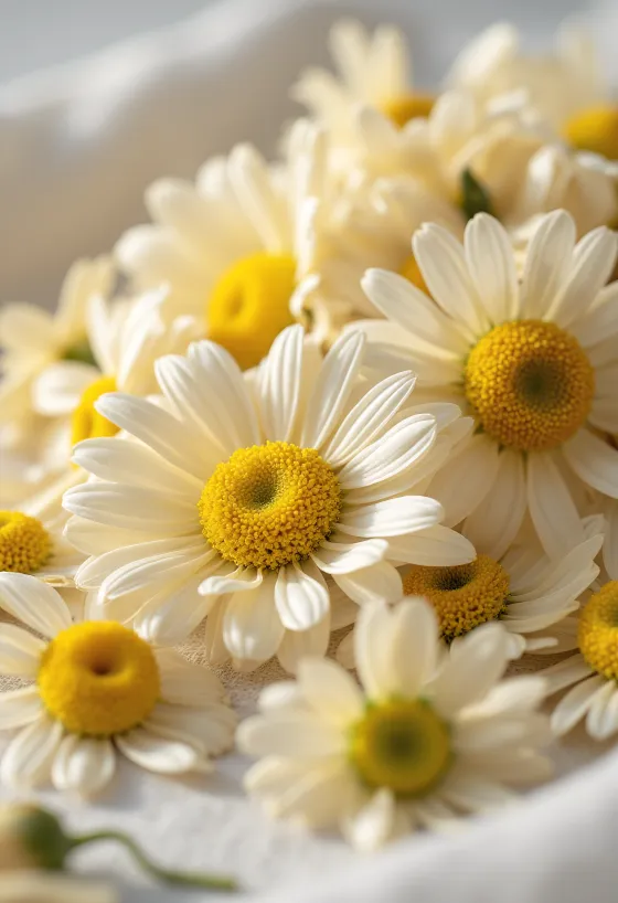 Flores de manzanilla secas en tazón y esparcidas en superficie de cocina