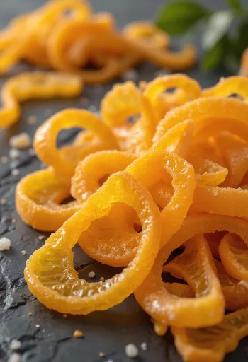 Cáscara de naranja confitada en tazón con naranjas frescas y azúcar