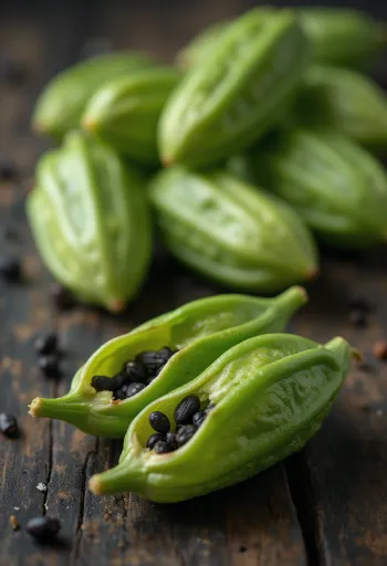Vainas de cardamomo verde y semillas abiertas sobre madera