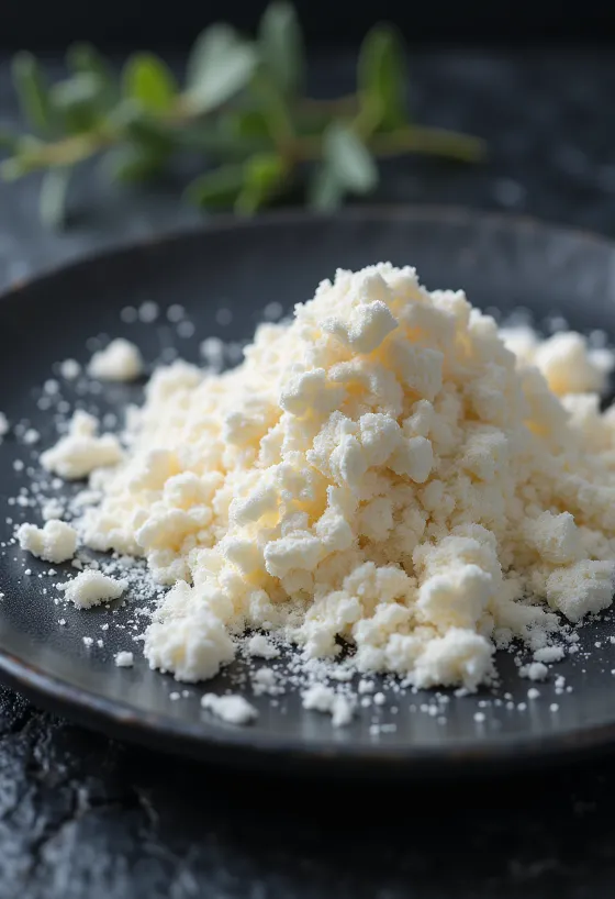 Polvo de carragenina en frasco y cuchara sobre superficie clara