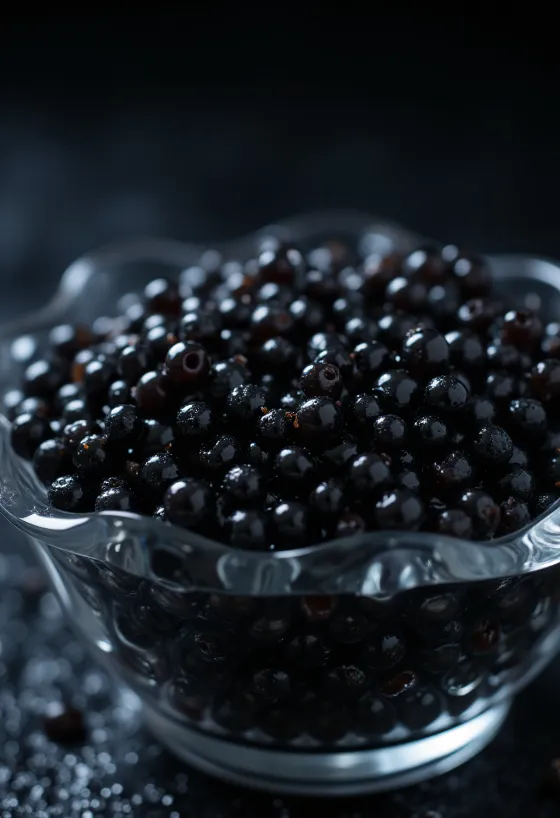 Caviar negro en un recipiente elegante o cuchara de nácar, ingrediente de lujo